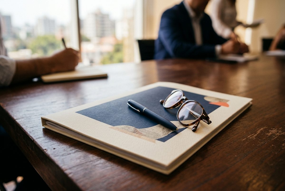 Carpeta de reunión, un lapicero y unos lentes sobre una mesa de directorio de madera oscura