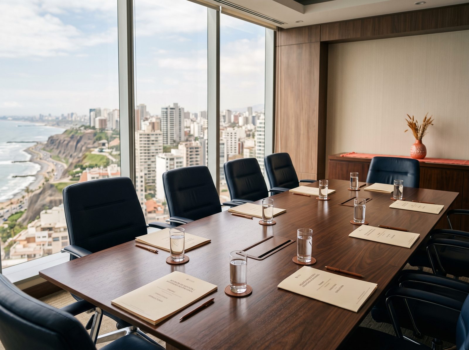 Sala de directorio con una mesa larga de madera, sillas de cuero y ventanales con vista a Lima