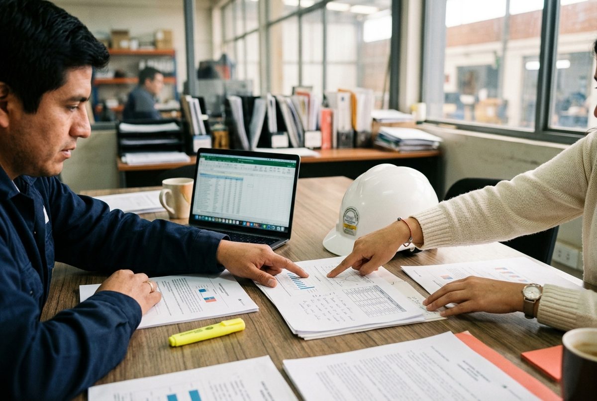 Mesa de reunión con informes impresos, un casco blanco y una laptop; dos manos señalan una página