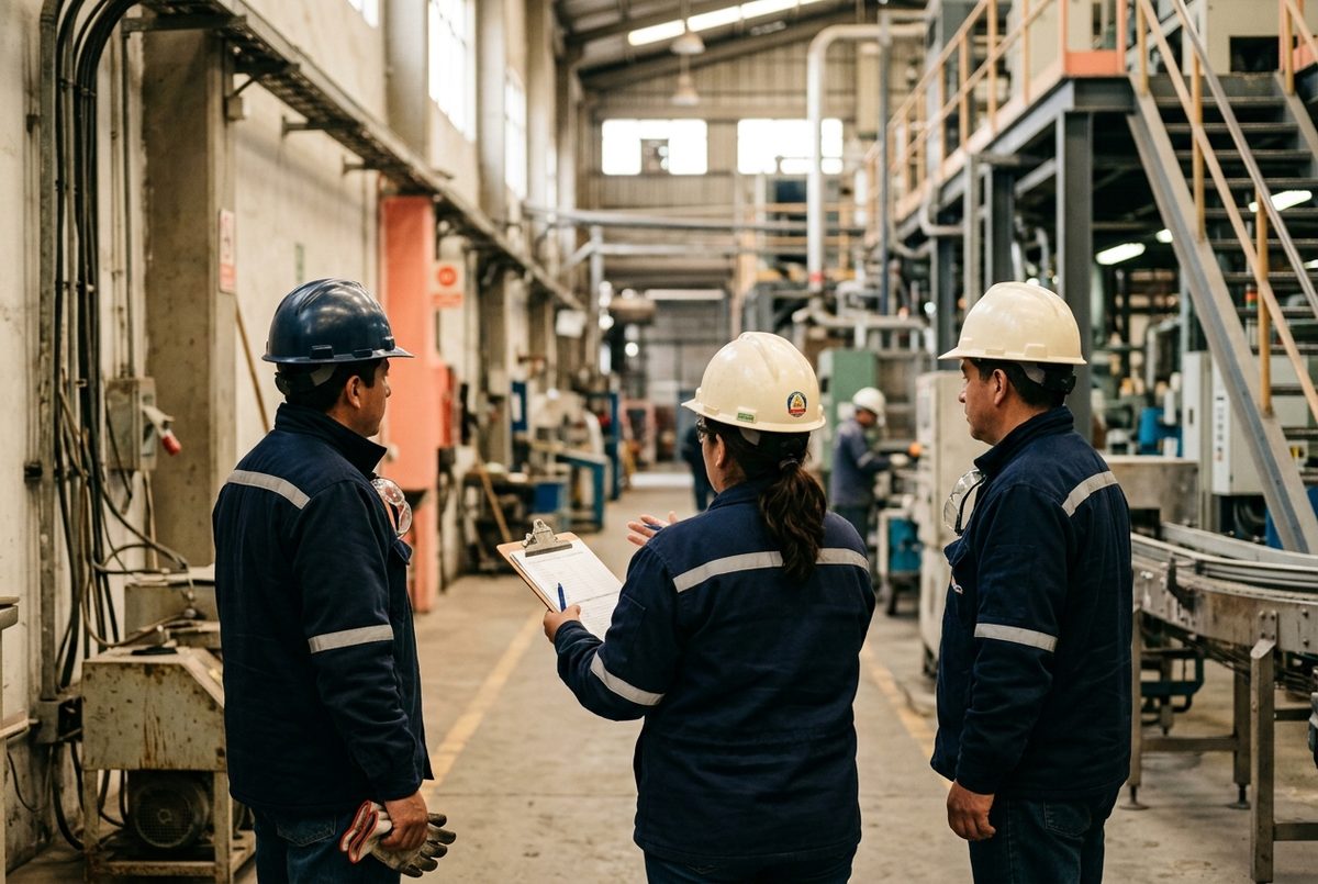 Supervisores de planta con casco durante una charla breve de seguridad en un pasillo industrial