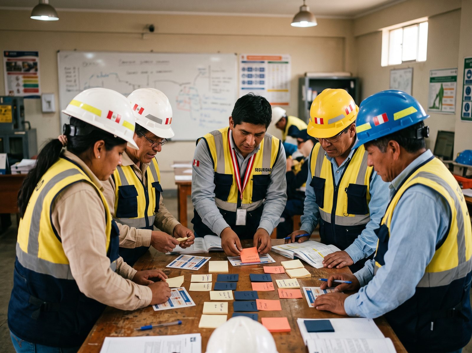 Trabajadores con chalecos y cascos en un taller de capacitación, trabajando con tarjetas sobre una mesa