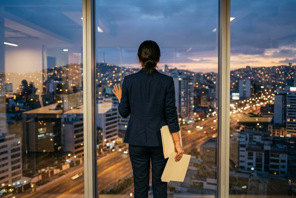 Persona de espaldas mirando la ciudad de Lima al atardecer desde un ventanal de oficina