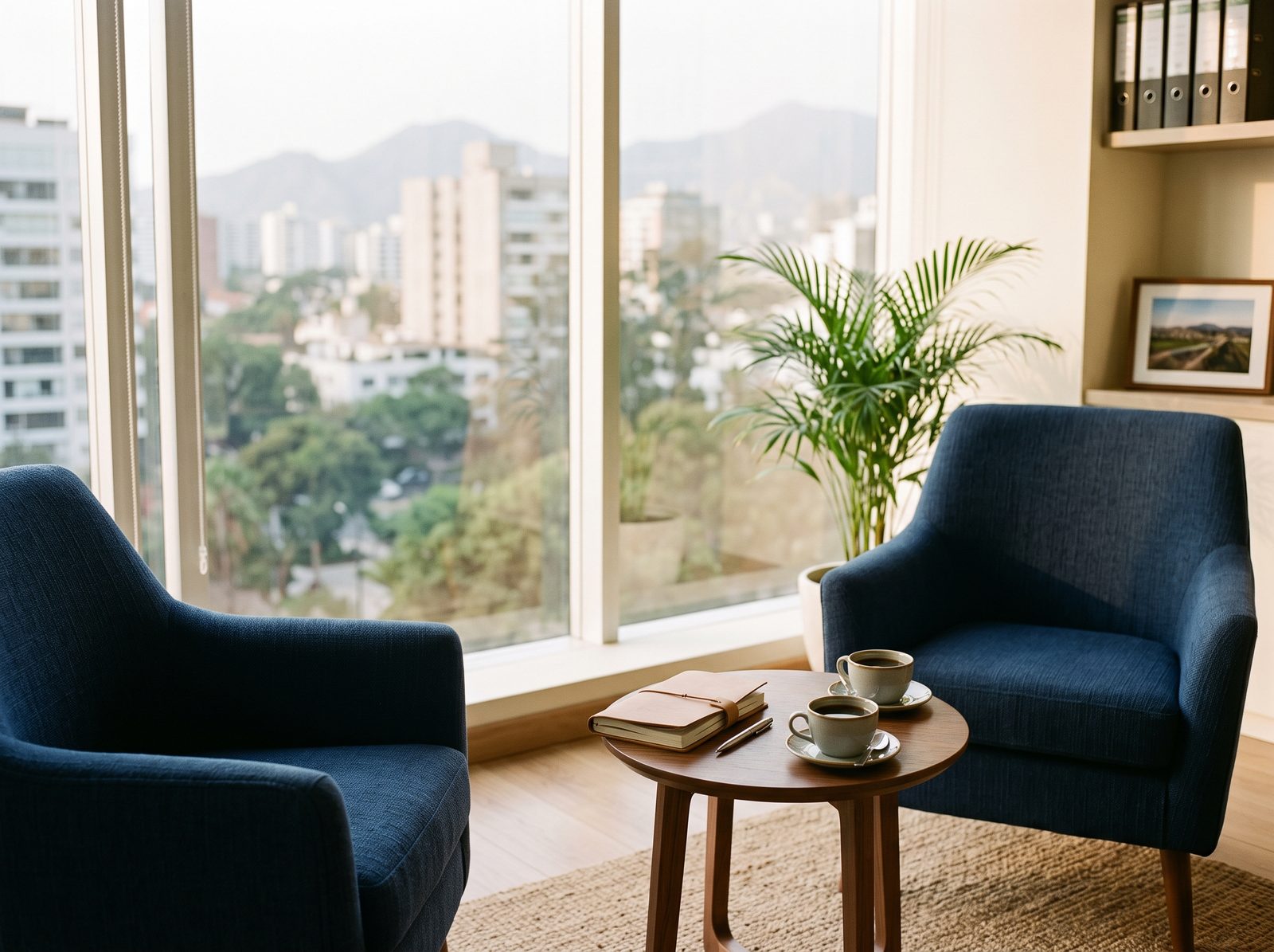 Dos sillones y una mesa pequeña junto a un ventanal en una oficina luminosa, con una libreta y dos tazas de café